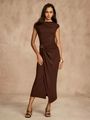 Sleeveless coffee brown maxi dress with side slit and waist metal ring detail - S / Brown