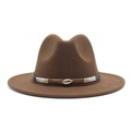 Close-up of brown wool felt fedora with a gold shell buckle and colorful silk thread detail - Coffee