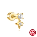 Gold S925 sterling silver ear stud featuring two white zircons and a star design - Single Stud Earring / Double Stone Cross Star-Gold