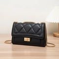 Elegant black quilted PU leather crossbody bag with gold chain strap and turn-lock closure - Classic Quilted Lock Style / Black