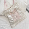 Lace tote bag with pink floral applique and double handles for women in cream finish - Pink Lace + White Velvet