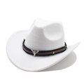 Close-up of a white felt cowboy hat featuring a metal bull head emblem and braided band - M (56-58cm) / White