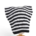 Close-up of black and white striped crochet knit hat with cute cat ear design and texture - M (56-58cm) / Black and White