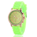 Detail of rose gold watch case and lime green silicone strap with Roman numeral dial - Light Green