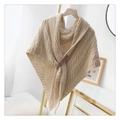 Beige knitted triangle shawl with brown leather buckle closure on gold hanger - Triangle Style / Off White
