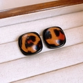 Macro shot of square leopard print resin earrings in a premium jewelry display box - 38# Black Border Rounded Square Leopard
