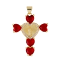 Gold cross pendant with five red heart gems and central relief on white background - Style 33/Gold Red Heart Religious Relief Pendant