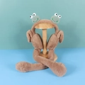 Brown plush winter earmuff scarf for children with cute green frog design on wooden stand - One Size / Frog-Khaki