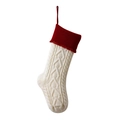 Knitted Christmas stocking in red and ivory white featuring heart-tassel and cable pattern - Ivory White with Purple Red