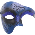 Phantom half face masquerade mask with blue and black glitter patterns on white background - Double Blue