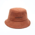 Close-up of caramel corduroy bucket hat featuring detailed COCONUT letter embroidery - One Size / Coffee