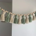 Bohemian wall banner with beige and green cotton tassels and natural wooden beads - Green Beige 12 Tassels