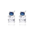 Elegant silver earrings with oval blue and square white zircon stones on white background - Platinum White and Blue Zirconia Style (E2497)