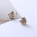 Detail of gold-plated heart stud earrings with sparkling pave-set crystal rhinestones - D25 Gold 3D Heart