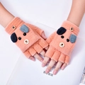 Pink knit convertible gloves for kids featuring a cute cartoon dog face design - 5-14 Years / Puppy-Orange Pink