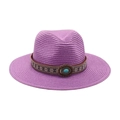Chapeau de soleil tressé violet avec ruban ethnique brodé et boucle en turquoise - Chapeau de Paille Violet (Pierre Bleue Ovale)