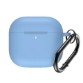 Detail of light blue silicone case for Airpods 4 with black metal carabiner and LED hole - Light Blue