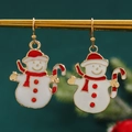 Gold-plated enamel snowman earrings with candy cane and sparkling red rhinestones - Snowman Candy Cane (12006)