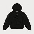 Black cotton hoodie with white cross-star print and side zippers in a flat lay view - S / Wild Black