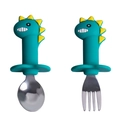 Baby silicone and stainless steel fork and spoon set with green dinosaur handles - Stainless Steel/Silicone / Stainless Steel Fork and Spoon Set / Dark Green