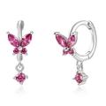 925 silver butterfly huggie earrings with pink marquise crystals in mirror reflection - Platinum Red Rhinestone