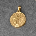 Golden 18K plated stainless steel Saint Benedict medal pendant with embossed details - B01-St. Benedict Medal