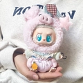 Pink plush pig outfit for Labubu doll featuring a blue checkered sleep hat with star - Star Pig Pendant Set (3 Pieces) / First And Second Generation Keychains Are Compatible With La Cloth Dolls. Dolls Not Included.