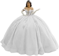 Elegant white off-shoulder ball gown with intricate lace embroidery and sparkling sequins - White With Train