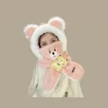 Pink plush kids hooded bear scarf with cute ear details for winter warmth - 2 Years-6 Years / Little Bear 3-Piece Set Pink