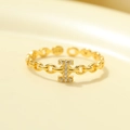 S925 silver chain ring in gold finish with hollow letter I design and white cubic zirconia - Gold-Letter I
