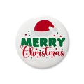 Detail of 58mm Merry Christmas tinplate badge with festive hat design and glossy finish - White with Santa Hat (5) / 5.8cm