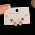 Detailed view of 3-piece earring set with S925 silver pins, pearls, and fruit motifs - Gold-Strawberry Cherry Set (72#)
