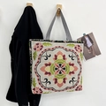 Ethnic style embroidered canvas tote bag with floral patterns and striped handles - Style 2