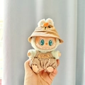 Labubu doll outfit featuring beige corduroy hat and knitted overalls for plush pendants - Brown Persimmon Bear Hat With Keychain + Brown Bear Logo Bubble Overalls / First And Second Generation Keychains Are Compatible With La Cloth Dolls. Dolls Not Included.