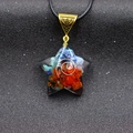 Star-shaped resin pendant with colorful natural stones and copper coil on black cord - Star Shape + Wax Cord