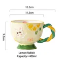 Ceramic mug with relief rabbit and lemon pattern, 400ml volume in light yellow glaze - Lemon Rabbit