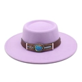 Detail of purple boater hat with ethnic leather band and turquoise stone accent - M (56-58cm) / Taro Purple