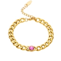 Vintage 18k gold plated Cuban chain bracelet with a round pink zircon centerpiece - C062 Gold Round Pink