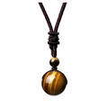 16MM natural tiger eye stone pendant necklace with brown braided rope on white background - Yellow Tiger Eye Necklace