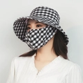 Women's outdoor sun hat with black and white gingham pattern and matching face mask cover - Hat + Mask Set / Black White Grid