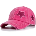 Distressed rose red baseball cap with sequined purple stars and washed cotton finish - One Size(Adjustable) / Rose Red