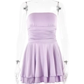 Détail de la robe courte violette bustier avec taille froncée et ourlet à volants - S / Violet
