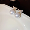 Elegant gold bow earrings with white round pearls and sparkling zircon inlays - 9# Silver Pin - White (Real Gold Plated)