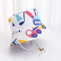 Detail of kids white sun hat with colorful cartoon construction vehicle patterns and chin strap - White Colorful Excavator