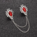Detail of gothic silver collar brooch with red gemstone waterdrops and dual chains - White Gold Plated Bright Red N-150