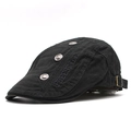 Adjustable cotton newsboy cap with letter embroidery and side metal button accents - 56-59cm / Black