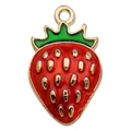 Red enamel strawberry pendant accessory with green leaves and gold metal trim - Strawberry (10849)