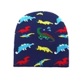 Detail of dark blue knitted beanie featuring colorful jacquard dinosaur patterns for kids - M(48-52cm) / Navy Blue