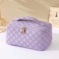 Grande trousse viola a scacchi in pelle PU con doppia cerniera dorata e manico superiore - Viola Chiaro