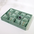 Morandi green velvet jewelry tray with twelve removable pillows for watch display - 12-Slot Pillow Display Tray / Bean Green